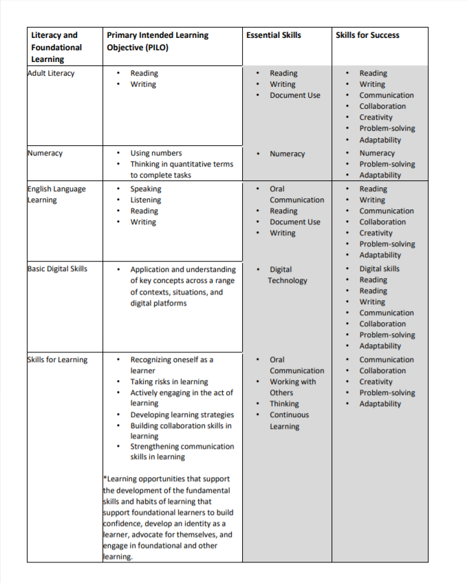 chart outlining relationship between Literacy and Foundational Learning, Essential Skills and Skills for Success