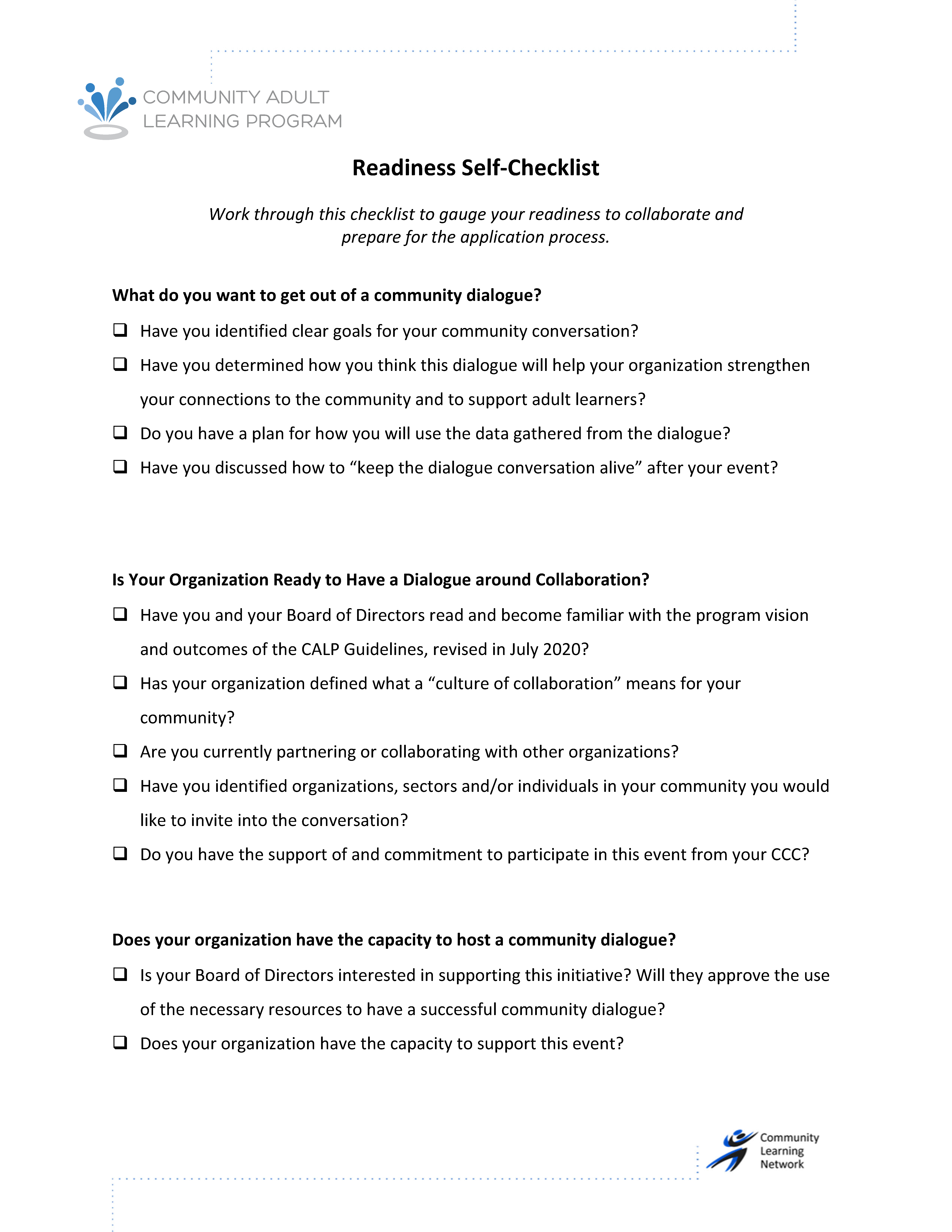 Community Dialogue Readiness Checklist