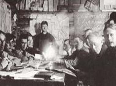 A graphic showing a group of men inside a reading room lit by a lantern.
